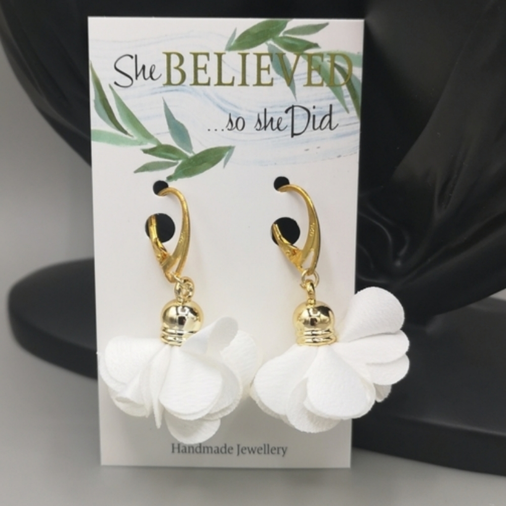 Night Blooming Jasmine White Satin Flower Fluff Earrings